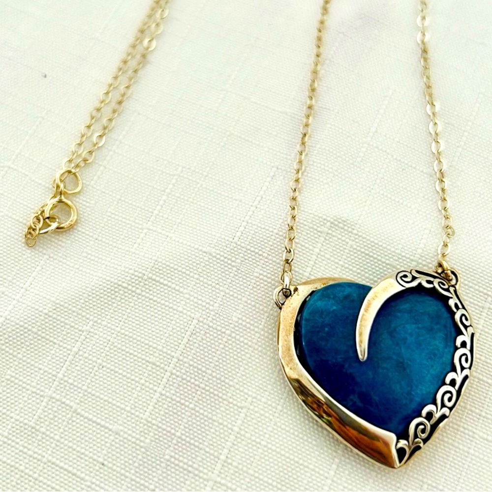 Vintage / Filigree Natural Lapis Heart Necklace / Sterling Silver - Picture 8 of 12
